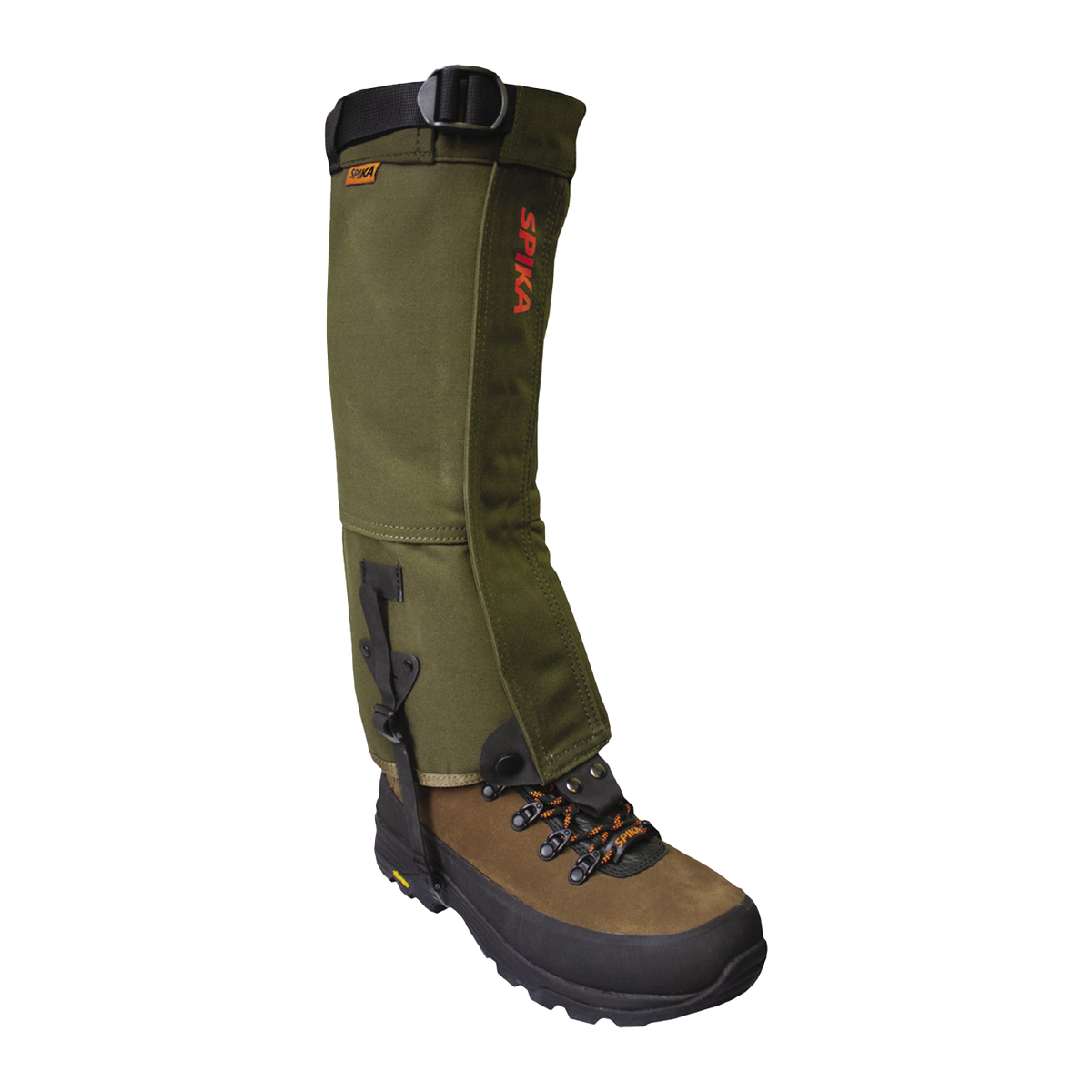 Spika Strike adult gaiter worn over a brown hiking boot, side view with strap and buckle