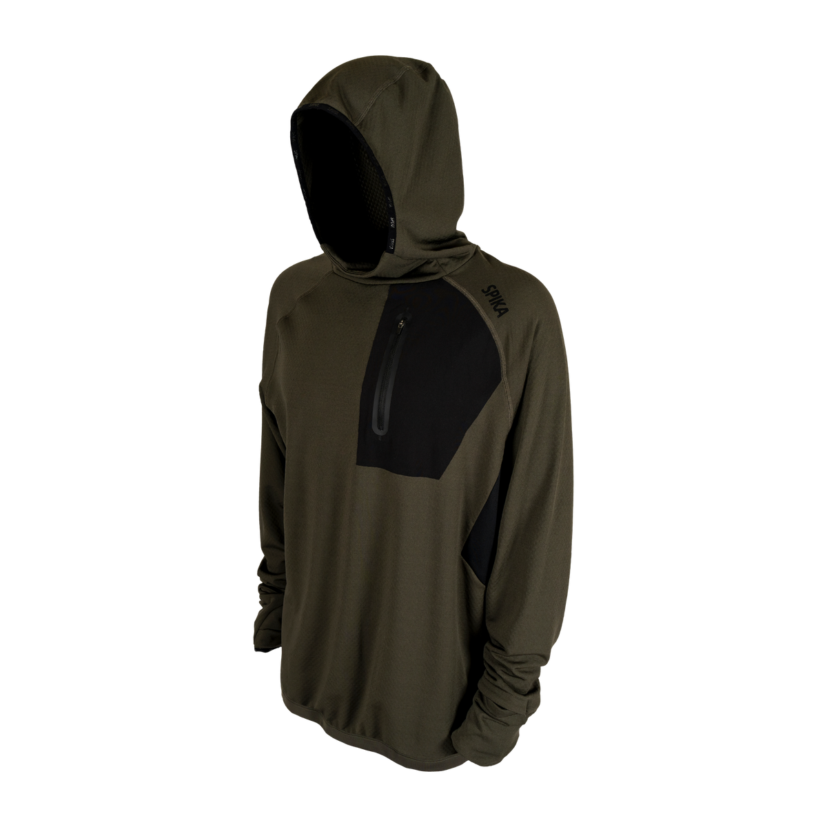 Spika men's microfleece hoodie in Olive Summit, three-quarter view with hood and chest pocket