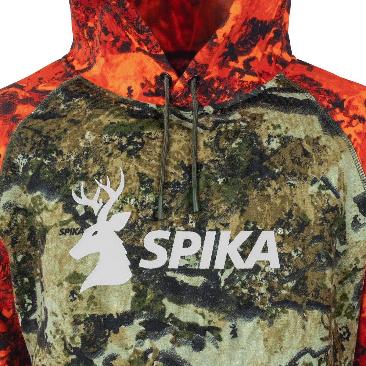 Close-up of the white stag SPIKA chest print and drawcords on the Spika GO Classic Biarri Blaze hoodie