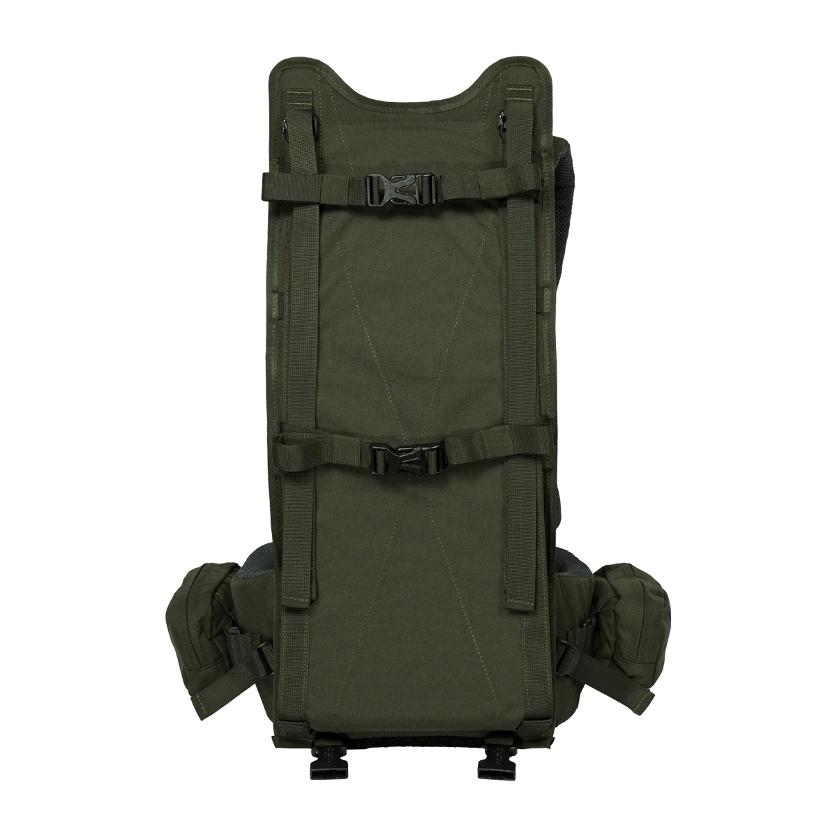 Spika Drover II Hauler frame in Olive Summit, front load face with compression straps and pack removed