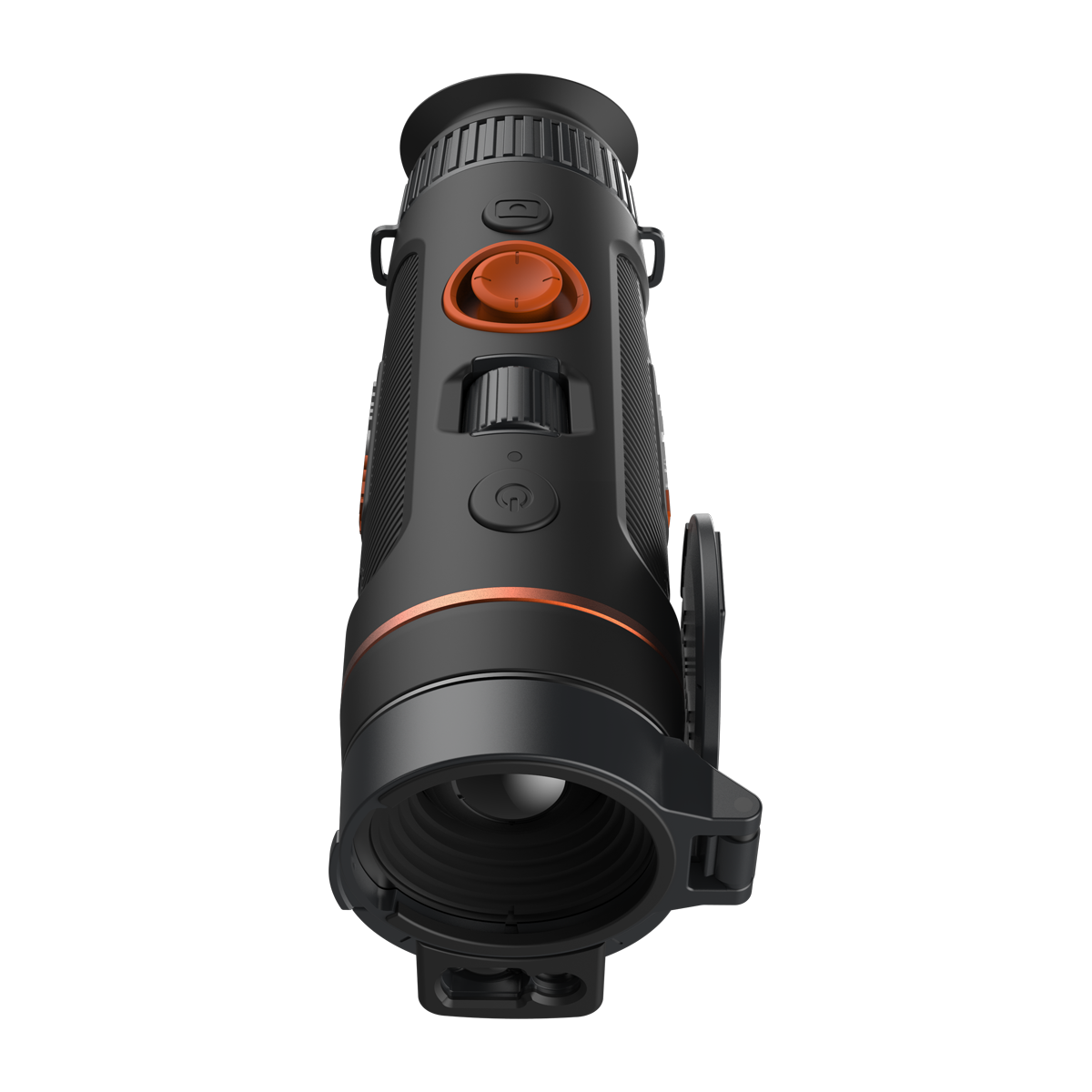 ThermTec Wild 335L thermal monocular, top view from the eyepiece with lens cap open over the lens