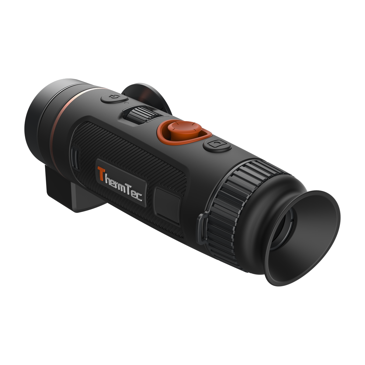 ThermTec Wild 335L thermal monocular, rear three-quarter view of eyecup and ThermTec logo side