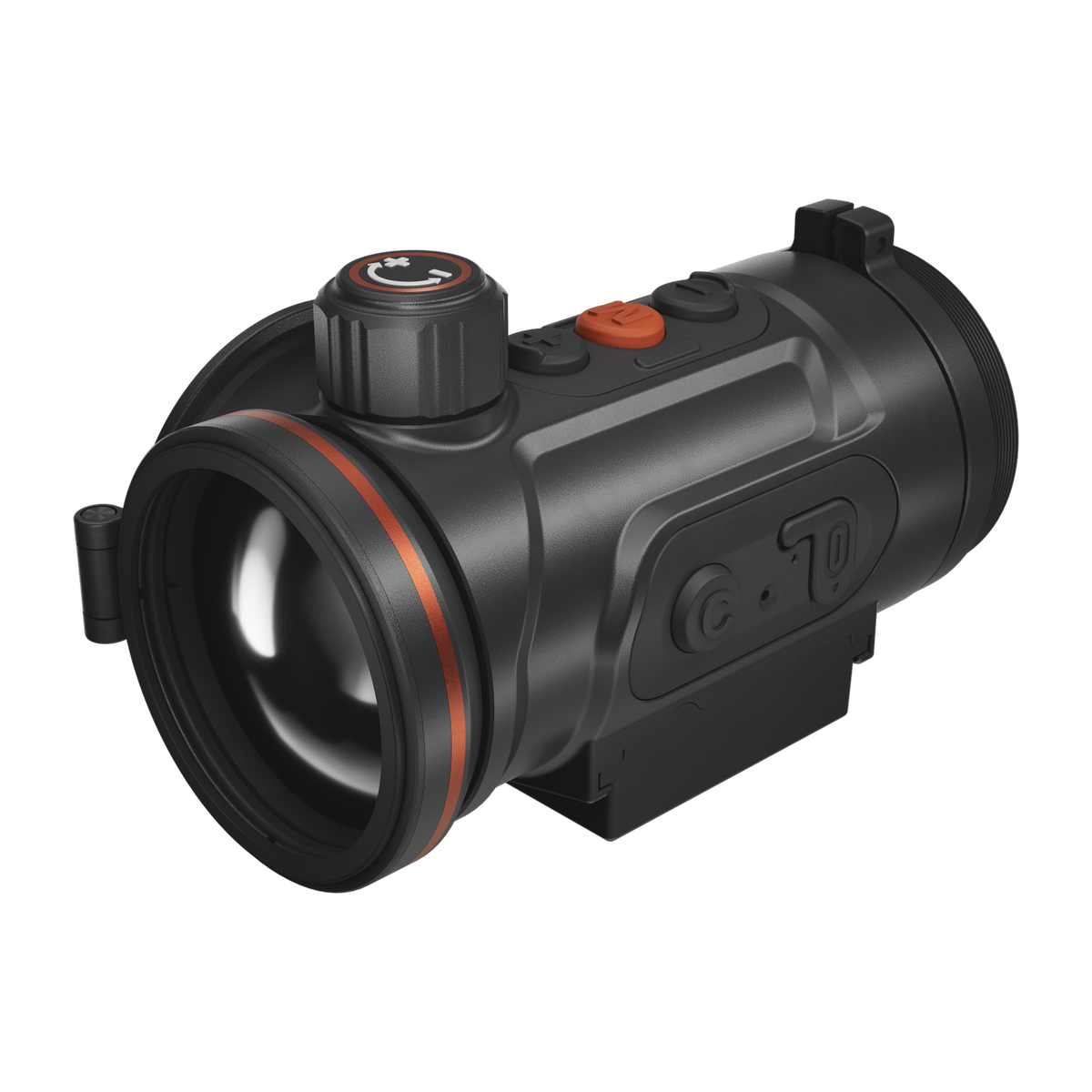 ThermTec Hunt Pro 650 thermal clip-on, front three-quarter view of large objective lens and dial