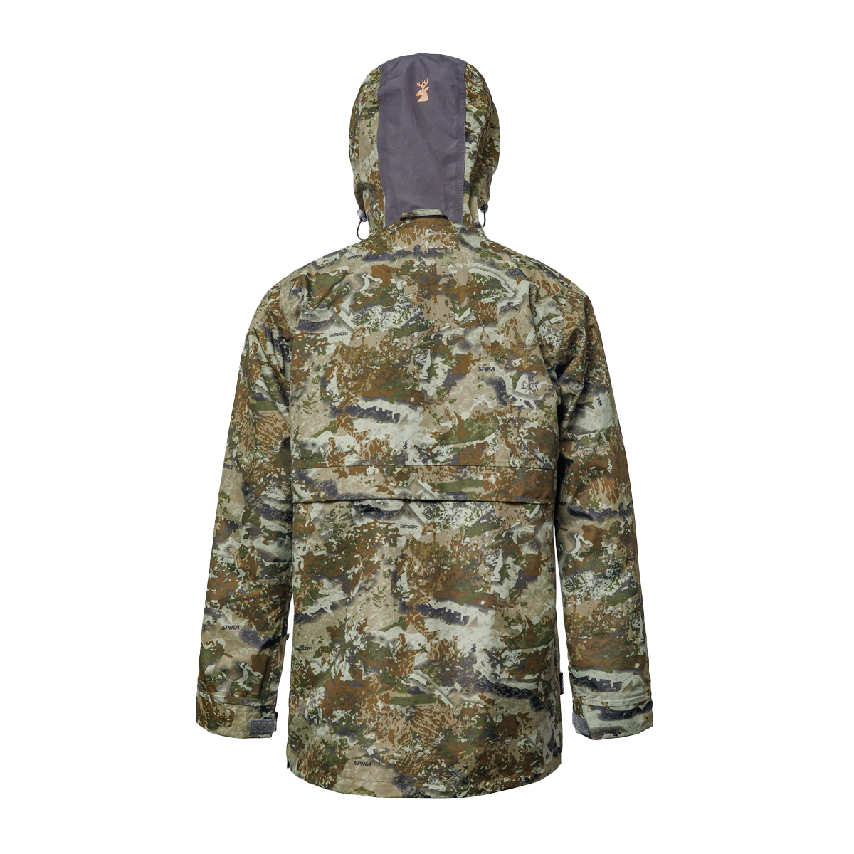 Spika Buckland men's Biarri Camo jacket, back view with grey hood panel and stag logo
