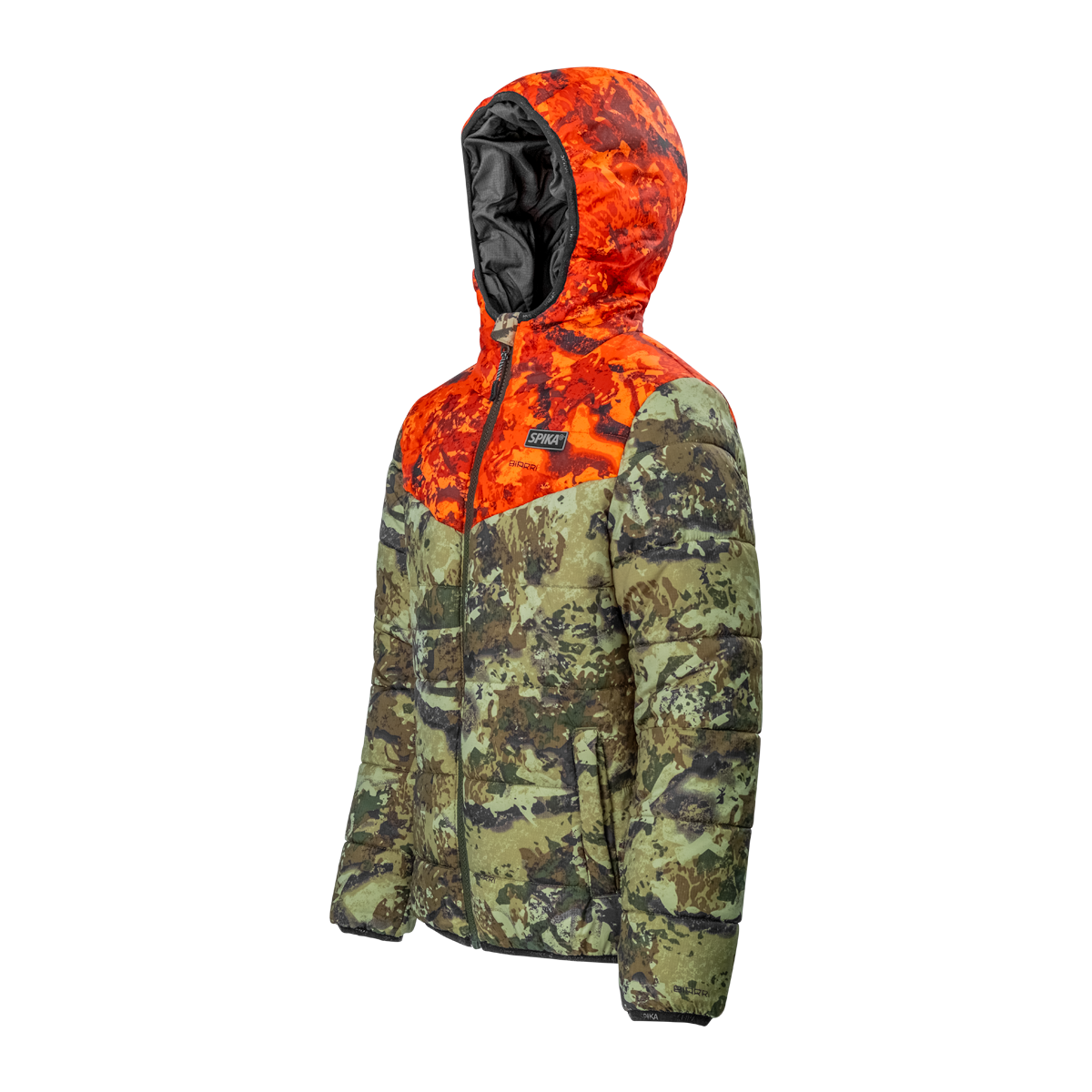 Spika Terra kids' puffer jacket in Biarri Camo/Blaze, three-quarter view with hood up