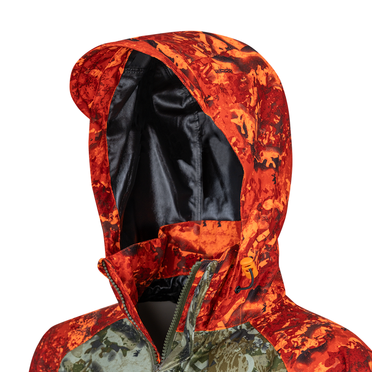 Spika Valley men's jacket Biarri Camo/Blaze hood, side close-up showing black lining and zip