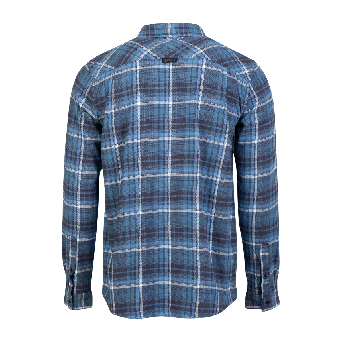 Spika men's Blue/Black flannel check shirt, back view with yoke and small neck label