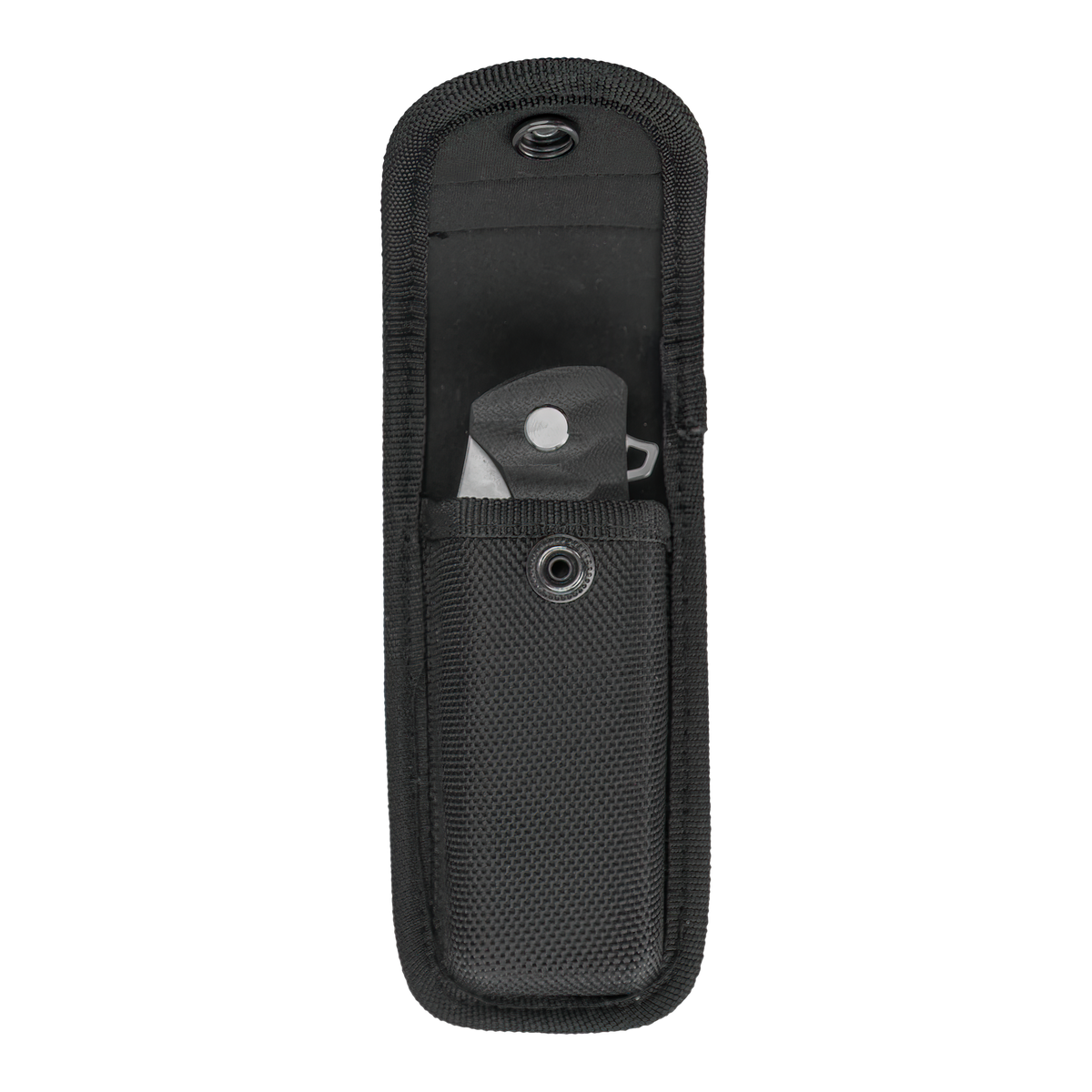 Spika Bushmaster Viper closed folding knife stored inside the black nylon pouch with flap open