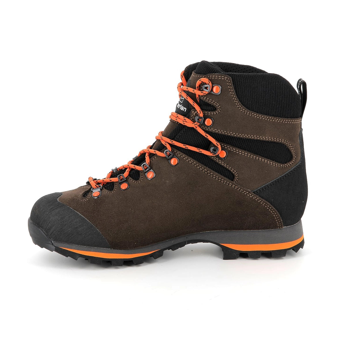 Zamberlan 1103 Storm GTX men's hiking boot in dark brown and orange, inner side profile showing lacing and ankle padding