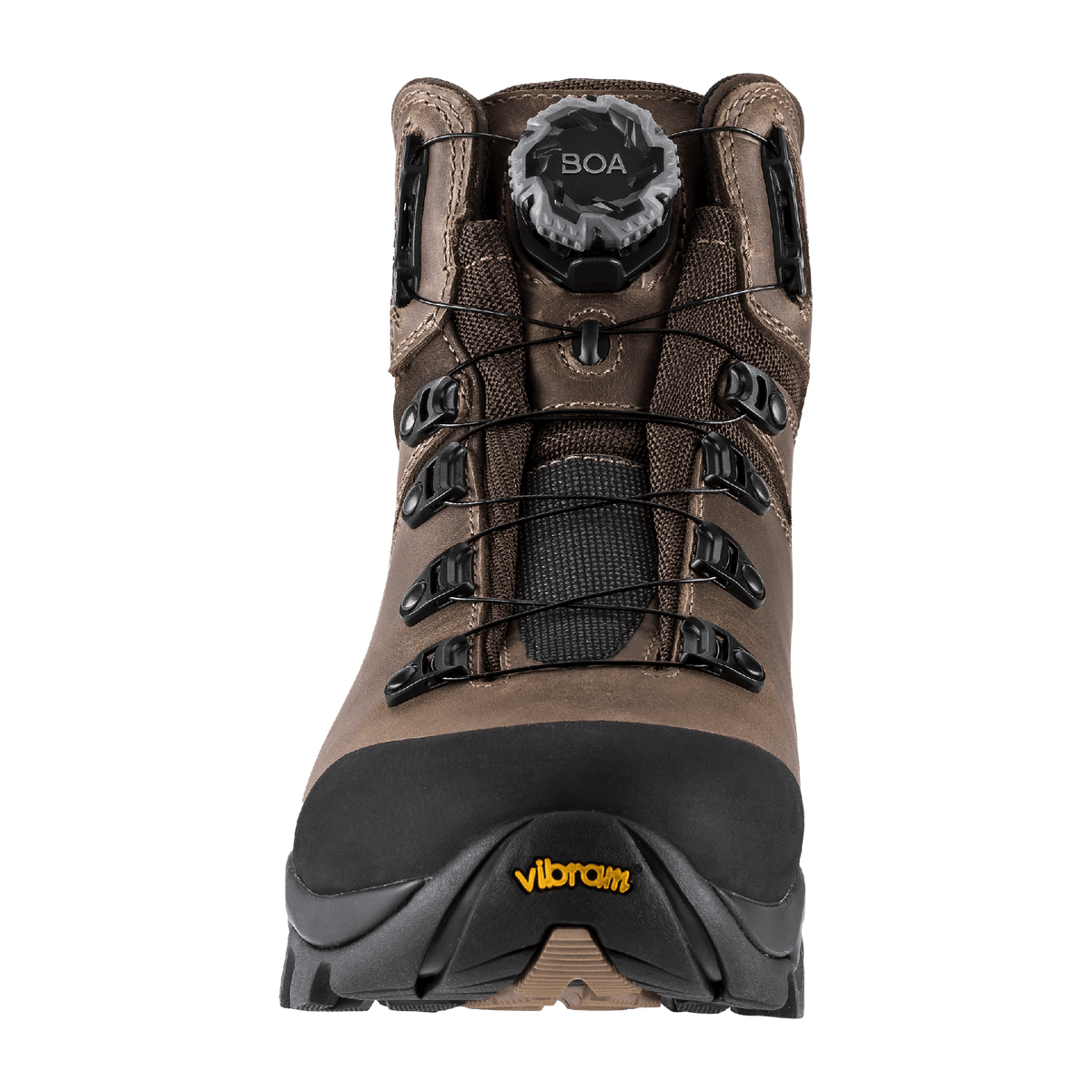 Zamberlan 4015 Leopard FGL GTX RR BOA men's hunting boot in brown leather, front view of BOA dial lacing and Vibram toe