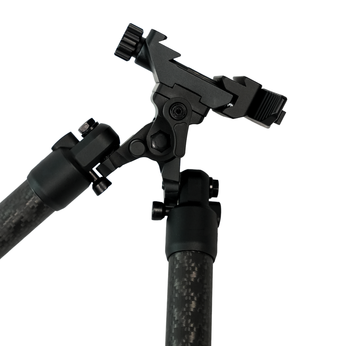 Close-up of the Velocity Carbon Bipod 5-18in picatinny and ARCA mount and leg hinge