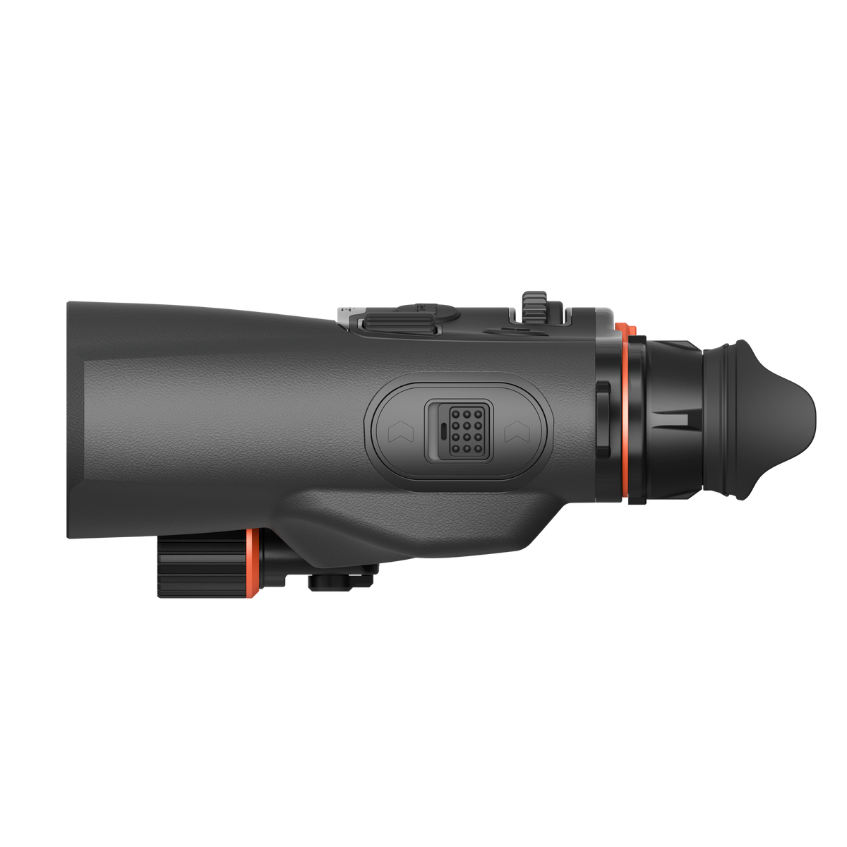 ThermTec Ventus 635L multi-spectrum binoculars in grey, right side profile with eyecup and side button