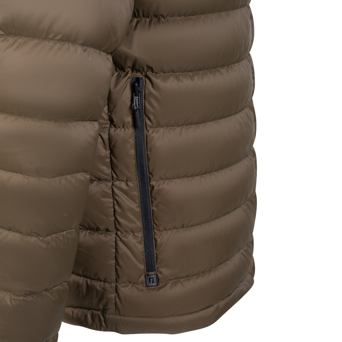 Spika Hideout men's puffer jacket in Mud Brown, close-up of the zipped side hand pocket