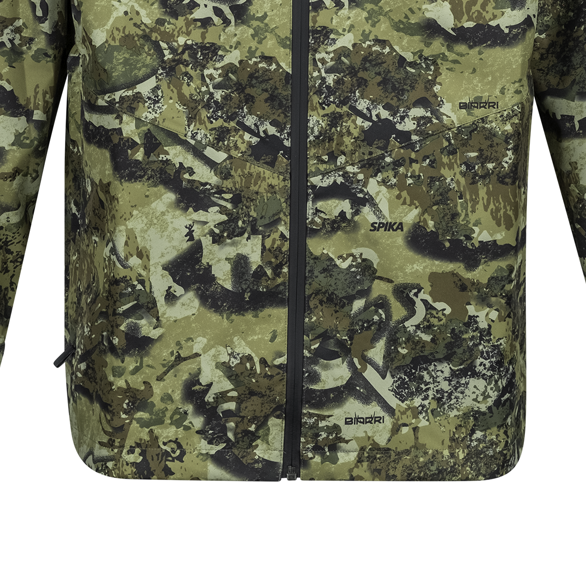 Spika Scout men's jacket in Biarri Camo, lower front close-up with Spika and Biarri logos