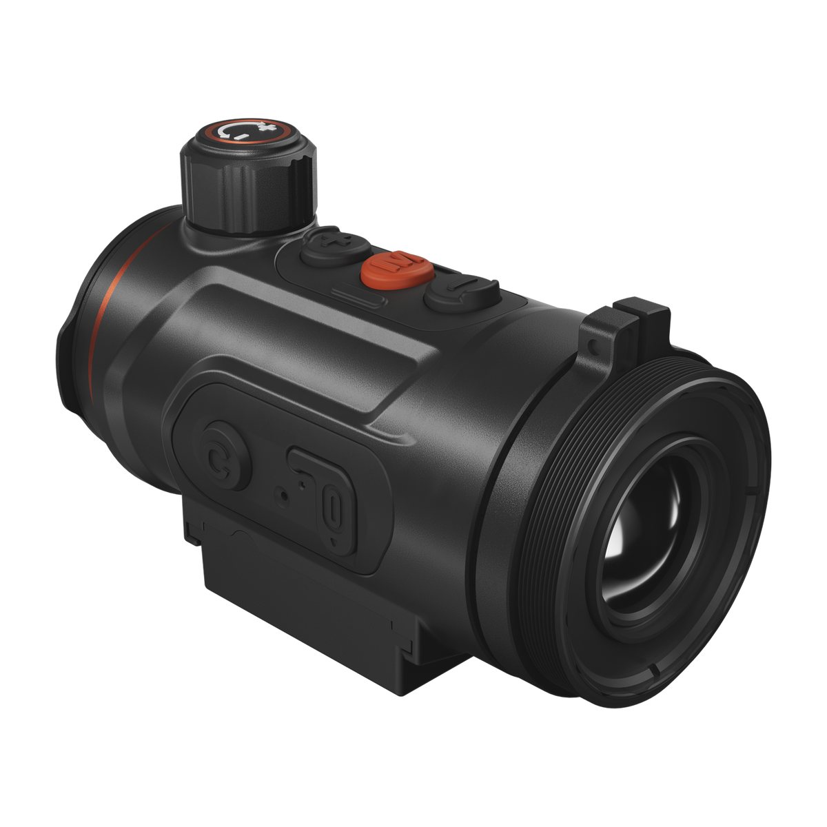 ThermTec Hunt Pro 335 thermal clip-on, rear three-quarter view of eyepiece adaptor thread and side buttons