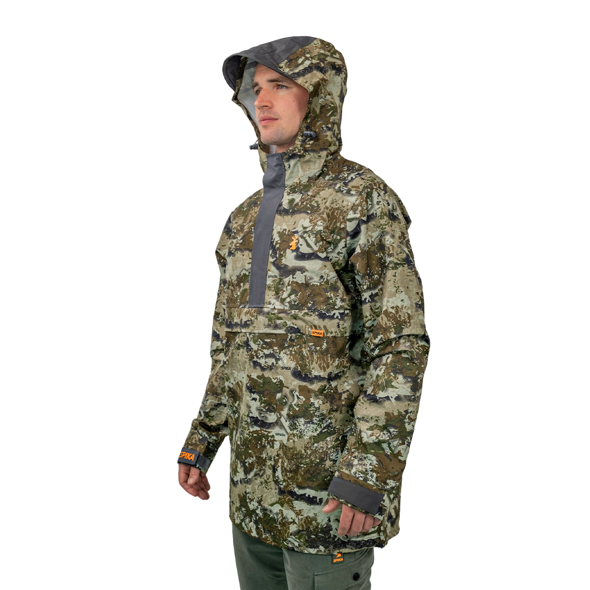 Model wearing the Spika Buckland Biarri Camo jacket with hood up, three-quarter view