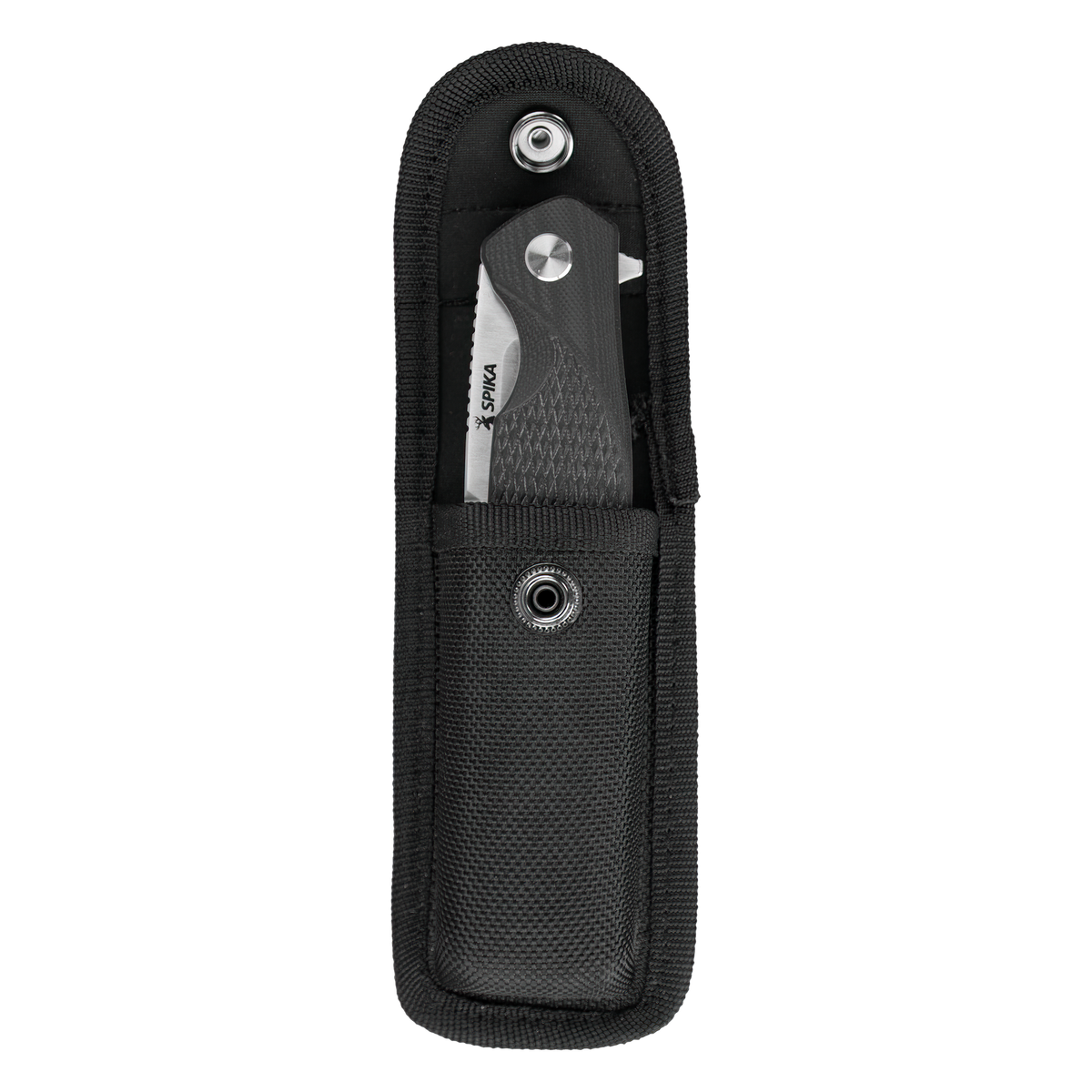 Spika Bushmaster Raider folding knife sitting in its open black nylon belt pouch, flap lifted