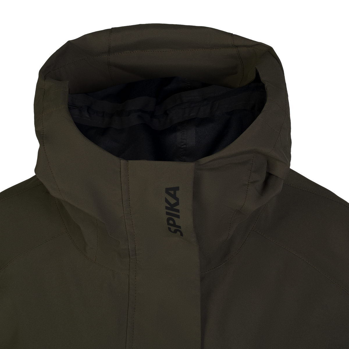 Spika Reign women's jacket in Olive Summit/Black, close-up of the hood and SPIKA storm flap