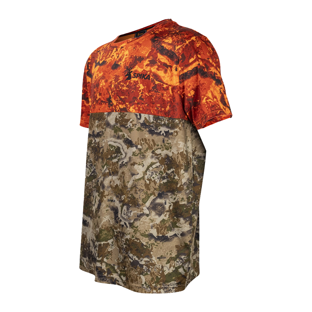 Spika Trail men's T-shirt in Biarri Blaze, side view with Spika logo on the blaze shoulder