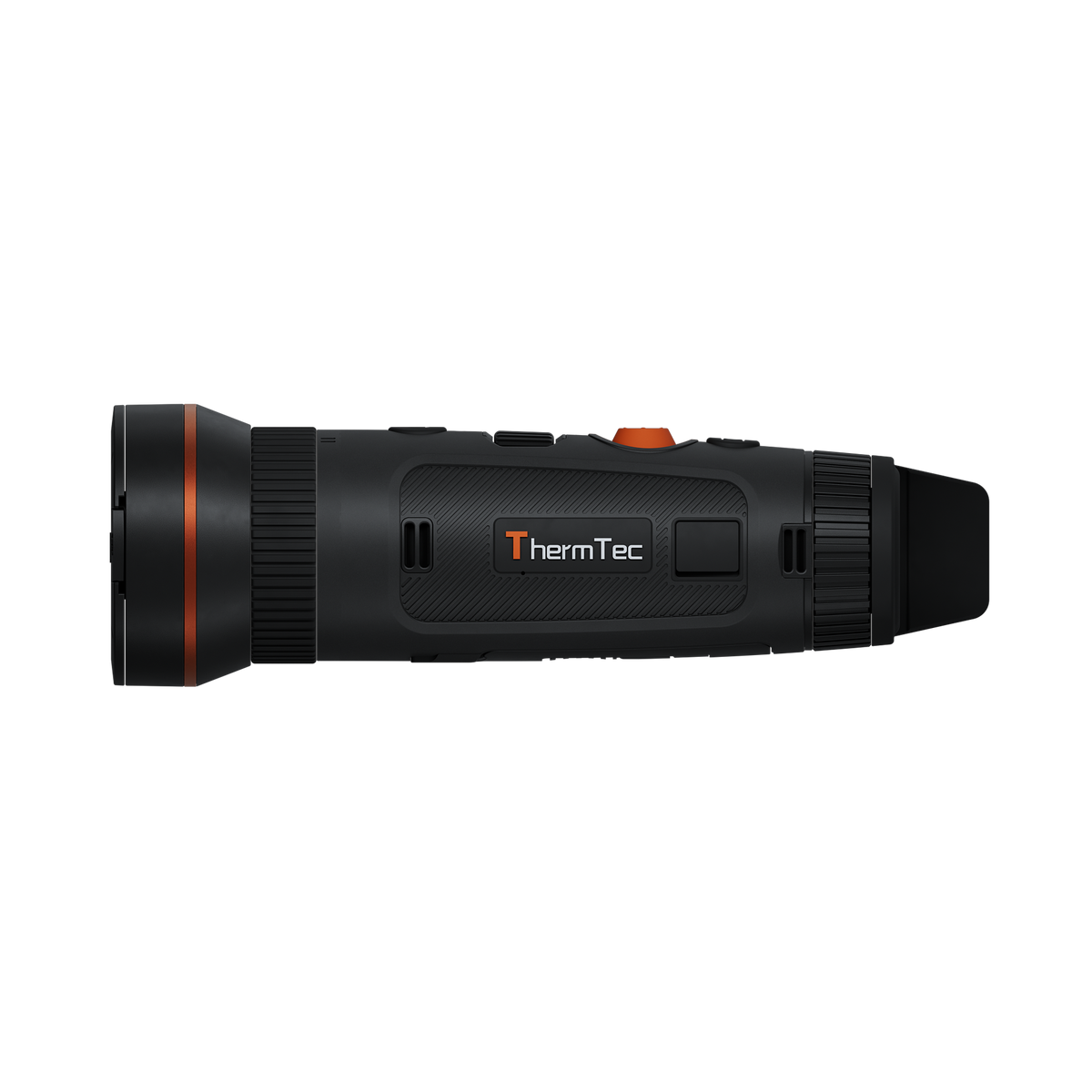 ThermTec Wild 650DL Pro thermal monocular, side profile showing ThermTec logo and flared objective housing
