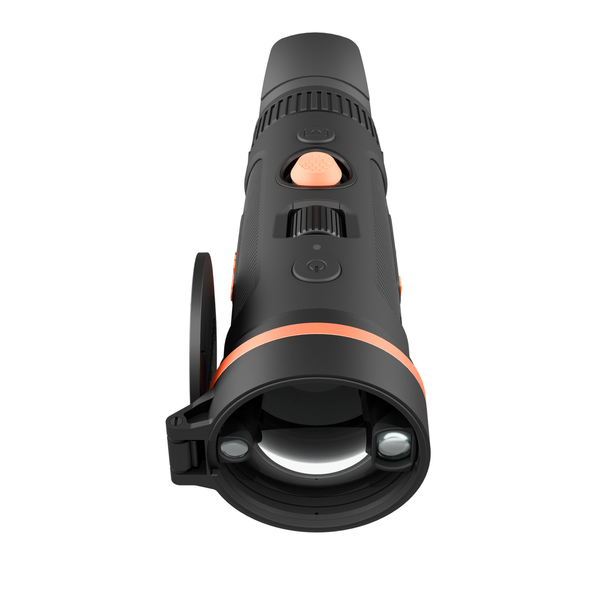 ThermTec Wild 650L Pro thermal monocular, front view of the objective lens and built-in rangefinder ports