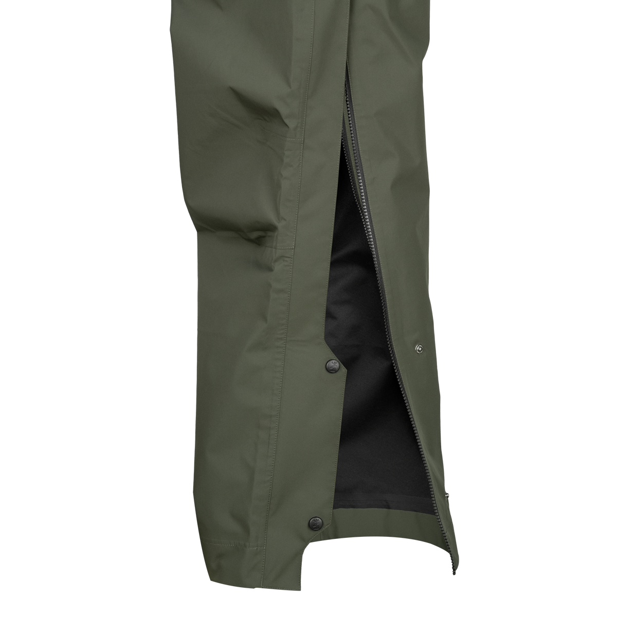 Spika Scout men's pull-on pants in Olive, close-up of the unzipped lower leg with snap closures
