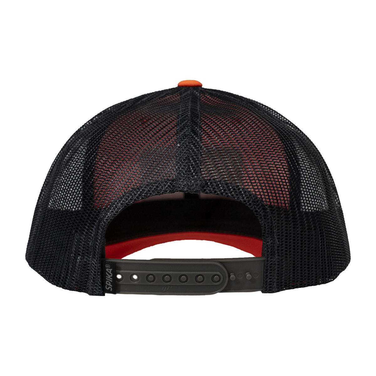 Spika Cast Antler patch trucker cap in Blaze/Charcoal, rear view of mesh and snapback strap