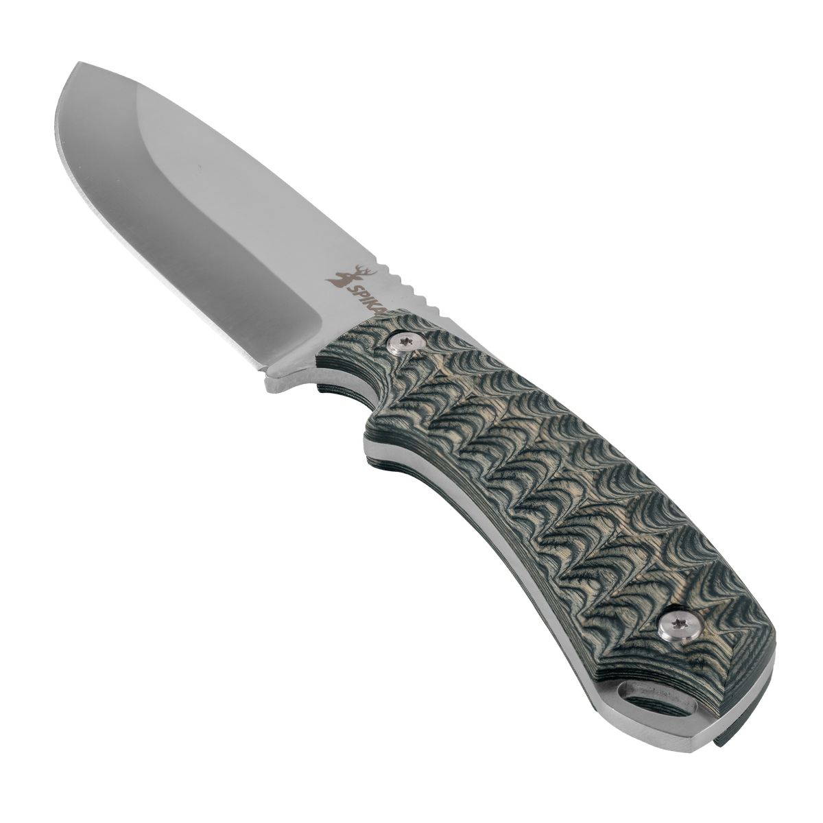 Spika Bushmaster Dogtooth hunting knife, angled view of the drop point blade and wave-textured handle