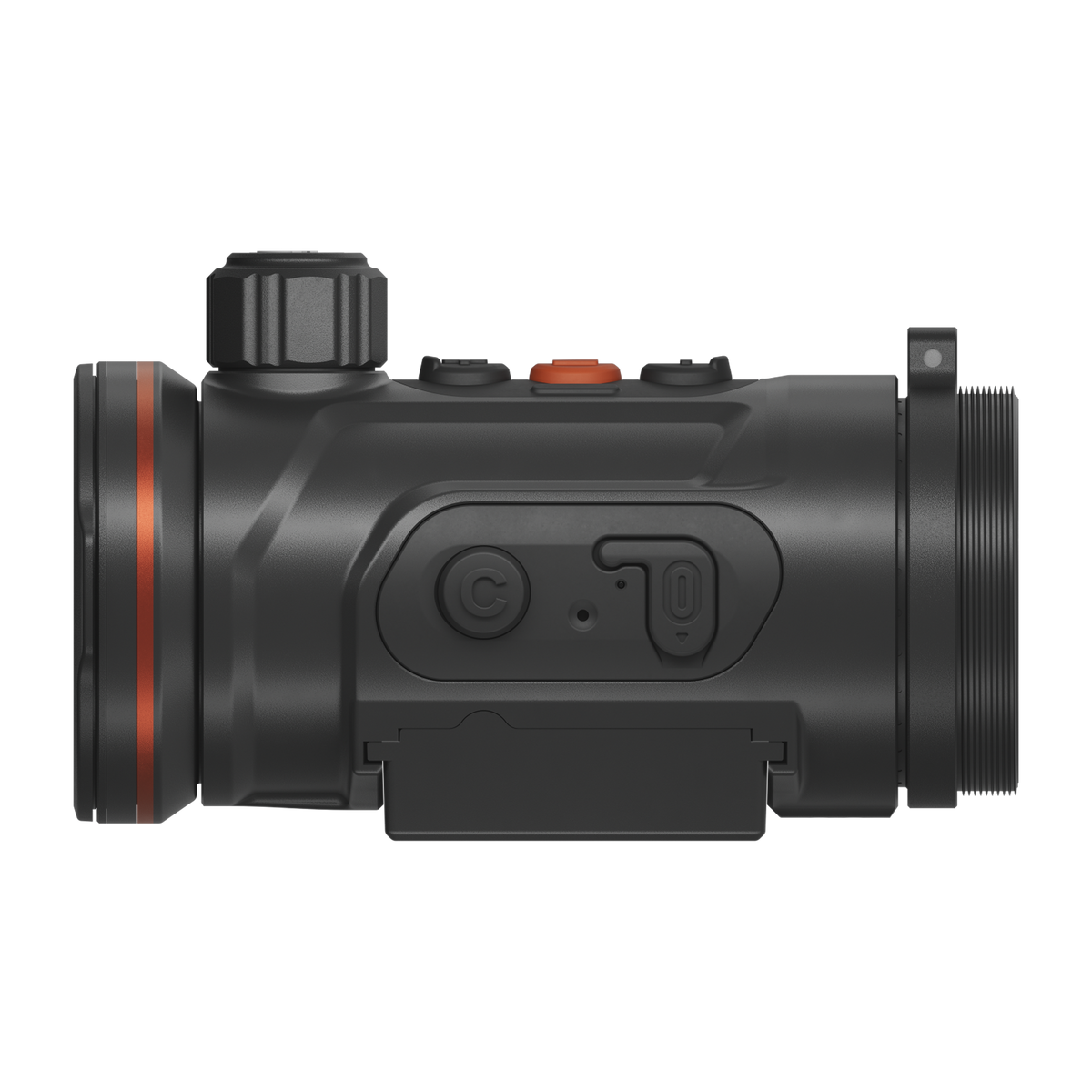 ThermTec Hunt Pro 650 thermal clip-on, side profile of power and function buttons above rail mount