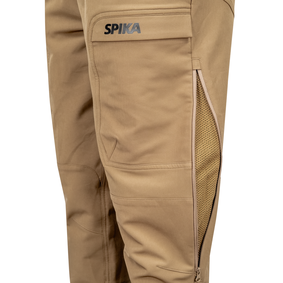 Spika Recon men's pants in Khaki, close-up of zipped side leg vent with mesh lining