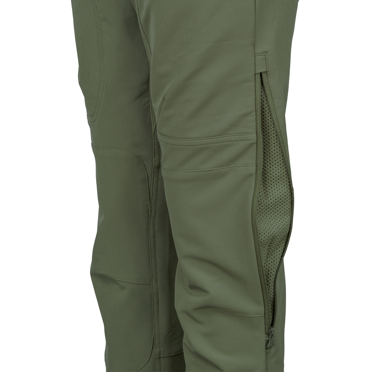 Spika Recon women's pants in Ivy Green, close-up of knee panels and open mesh side leg vent