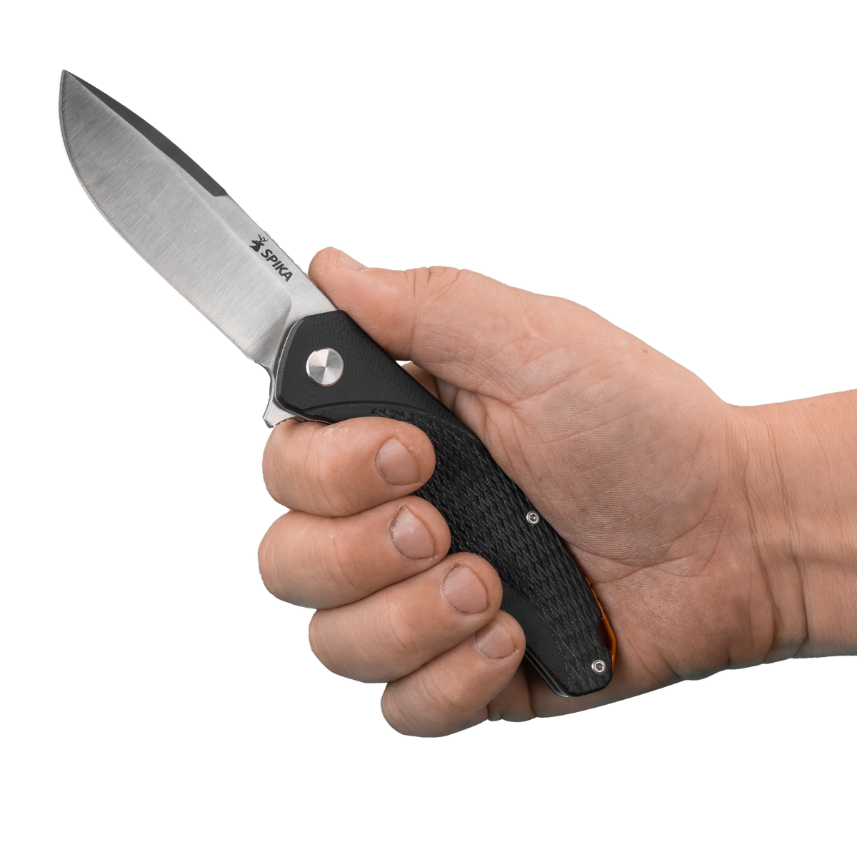 Spika Bushmaster Raider folding knife opened and held in hand to show grip fit and blade size