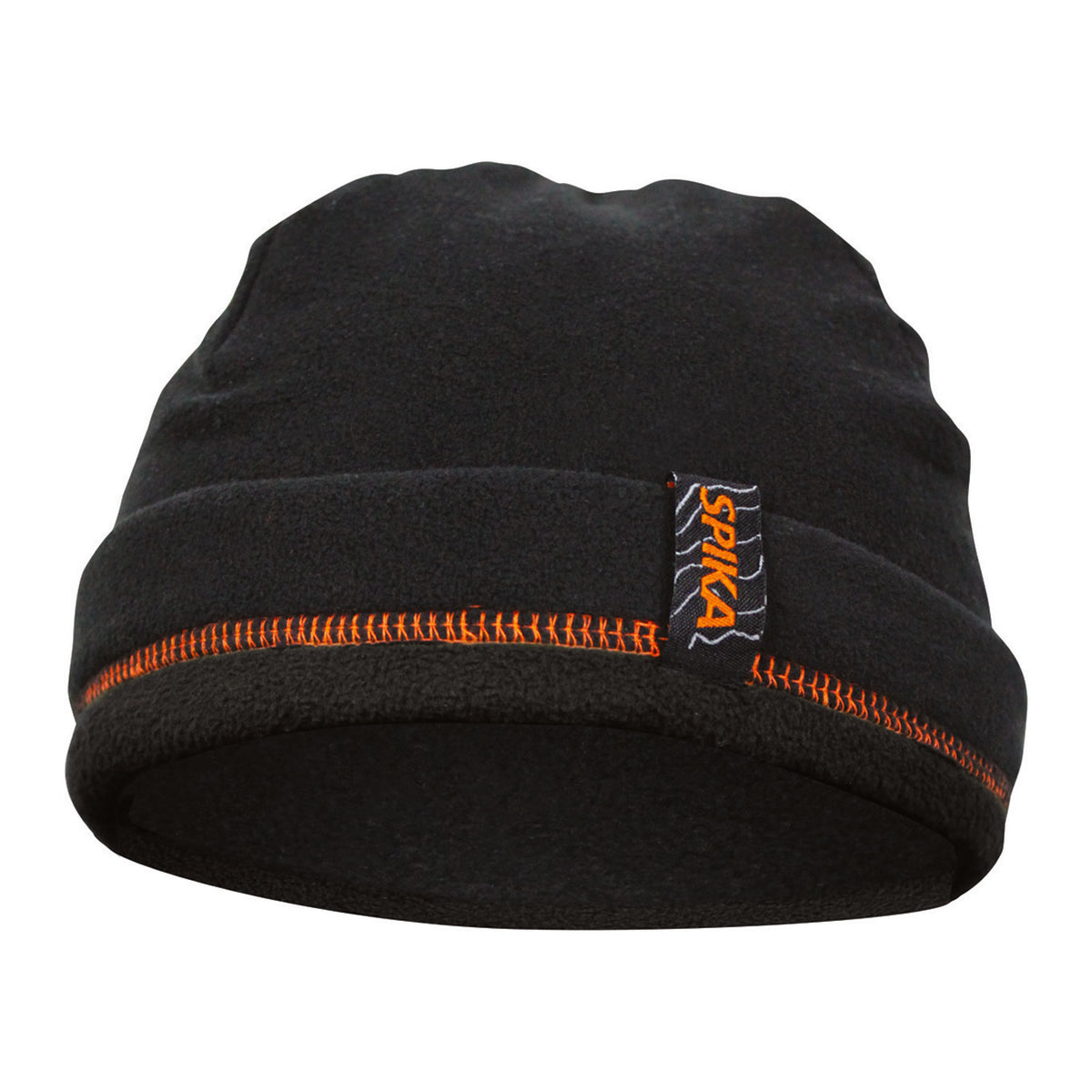 Spika black fleece beanie with orange overlock stitching and Spika tag from the men's 5 Piece Box Pack