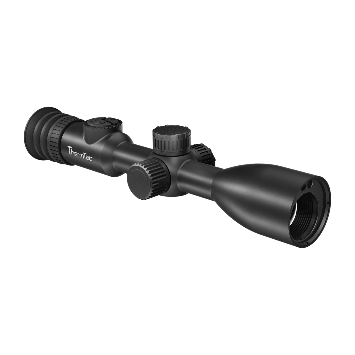 ThermTec IBEX 320L thermal tube scope, rear three-quarter view of eyecup, turrets and objective bell
