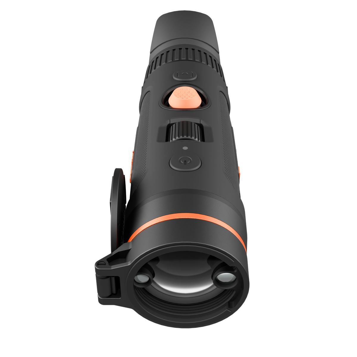 ThermTec Wild 635L Pro thermal monocular, front view of the objective lens and built-in rangefinder ports