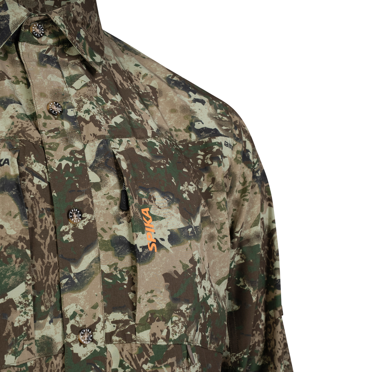 Spika Overlander men's hunting shirt in Biarri Camo, close-up of side chest pocket with zip