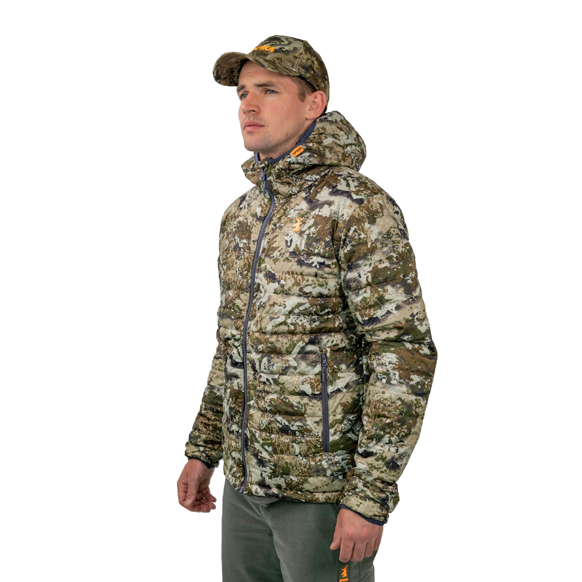 Model in the Spika Chase men's Biarri Camo puffer jacket and cap, three-quarter side view
