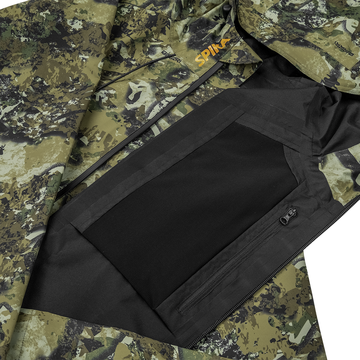 Spika Scout men's jacket in Biarri Camo, opened to show black interior lining and inner zip pocket