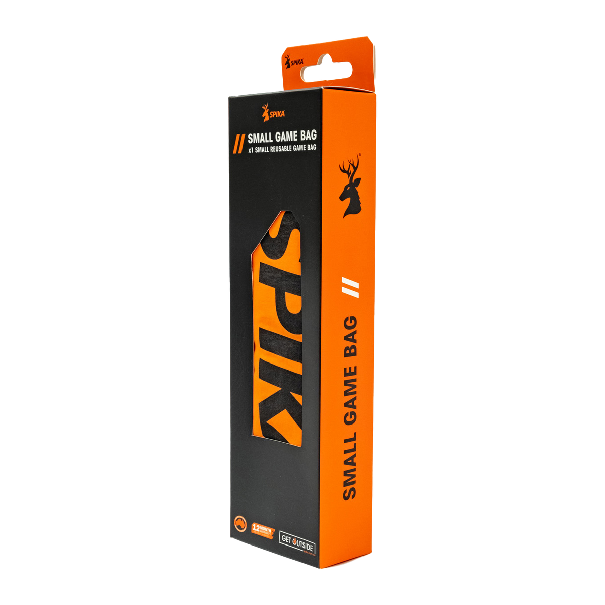 Spika Drover small game bag in retail packaging, black and orange box with Spika branding