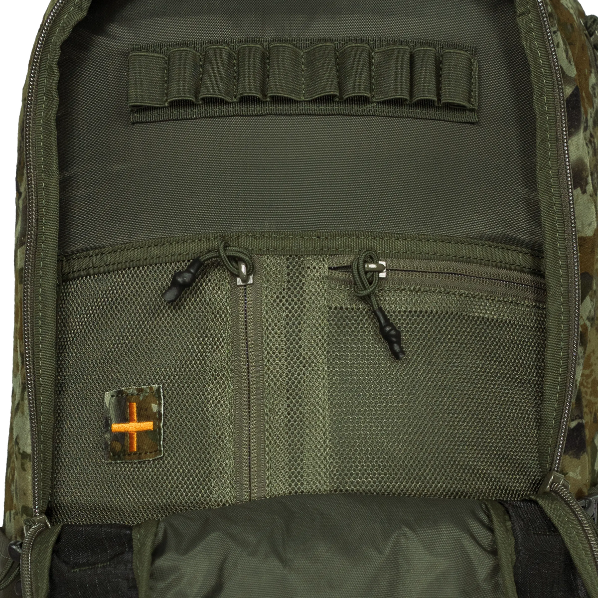 Spika Drover II Pro Pack 35L open interior with cartridge loops, mesh zip pockets and first aid patch
