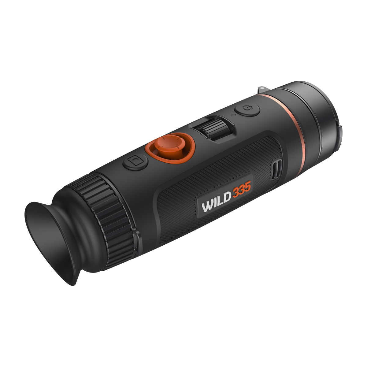 ThermTec Wild 335 thermal monocular, rear three-quarter view of eyecup, focus ring and controls