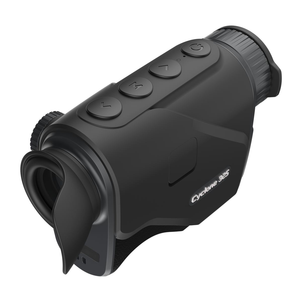ThermTec Cyclone 325 thermal monocular, elevated view of control buttons with eyecup in foreground