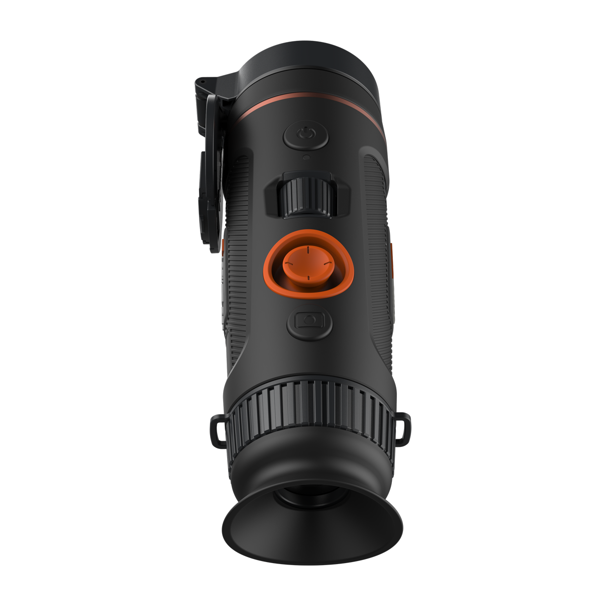 ThermTec Wild 635 thermal monocular, top view of controls with eyecup and flipped-up lens cap