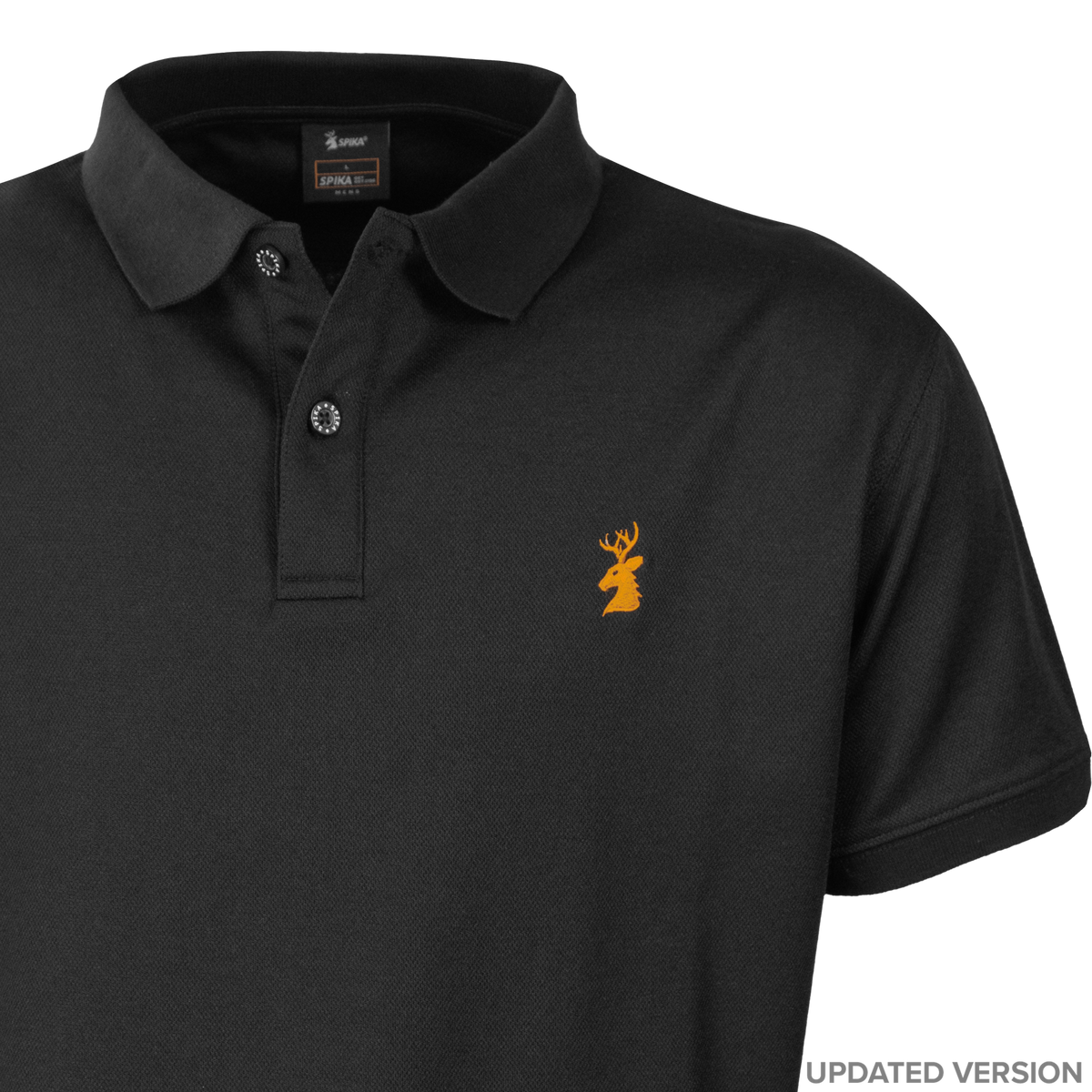 Spika GO Casual men's black polo, updated version close-up of collar, placket and orange stag logo