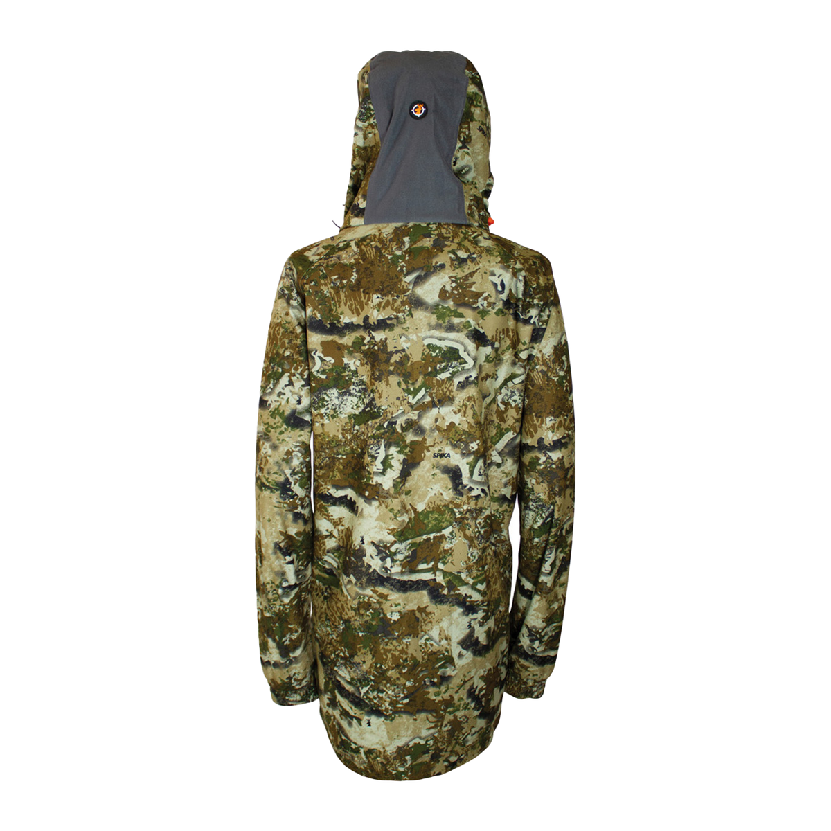 Spika Valley women's hunting jacket in Biarri Camo, back view with grey hood panel
