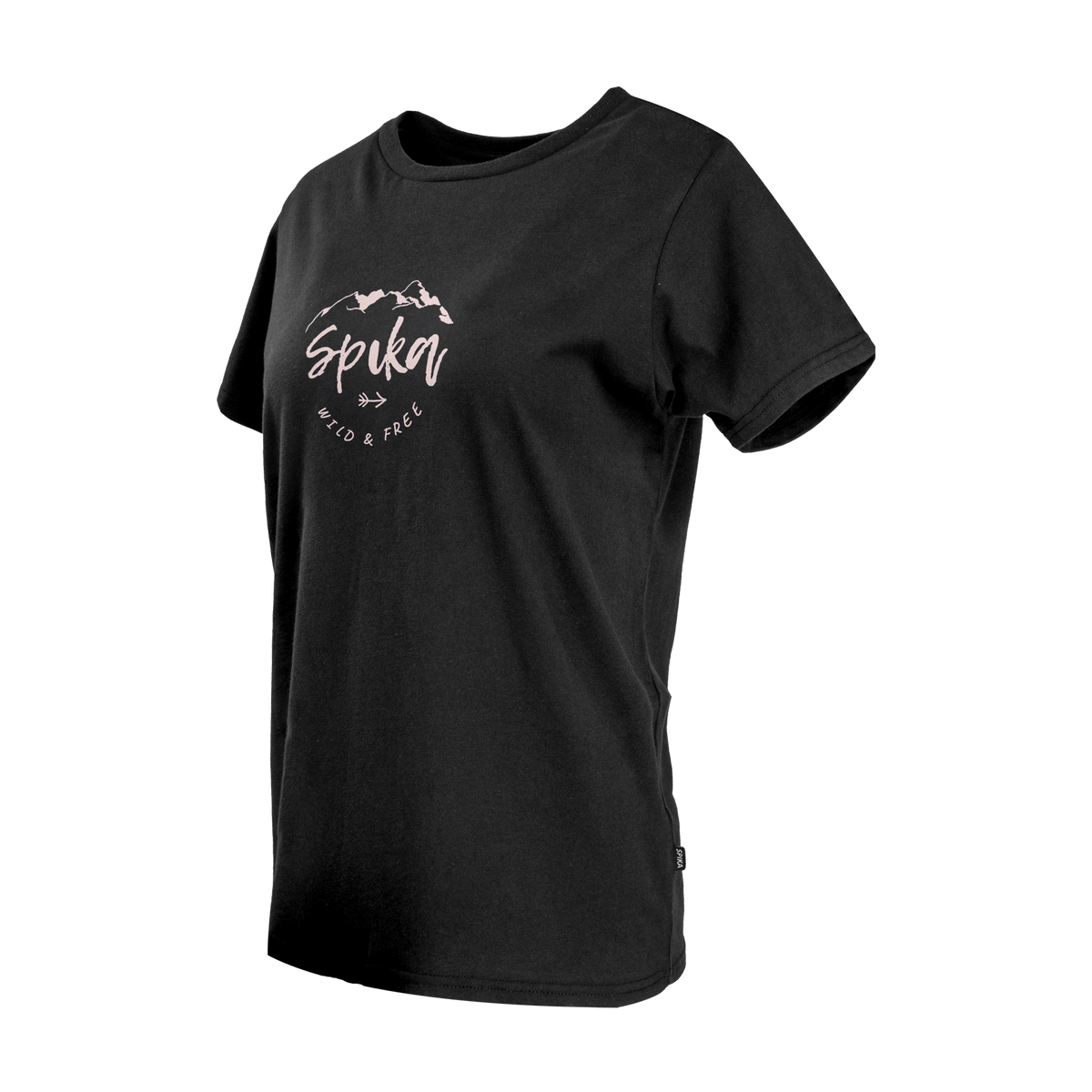 Spika GO Nomadic women's black T-shirt, three-quarter side view with pink mountain script print