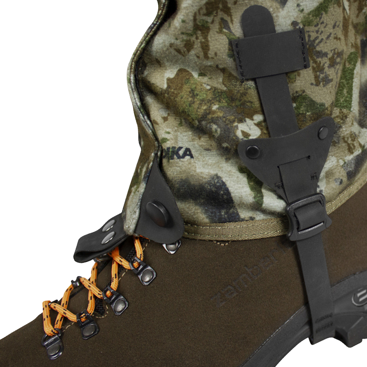 Spika Ranger adult gaiter in Biarri Camo, close-up of the instep strap and lace hook on a boot