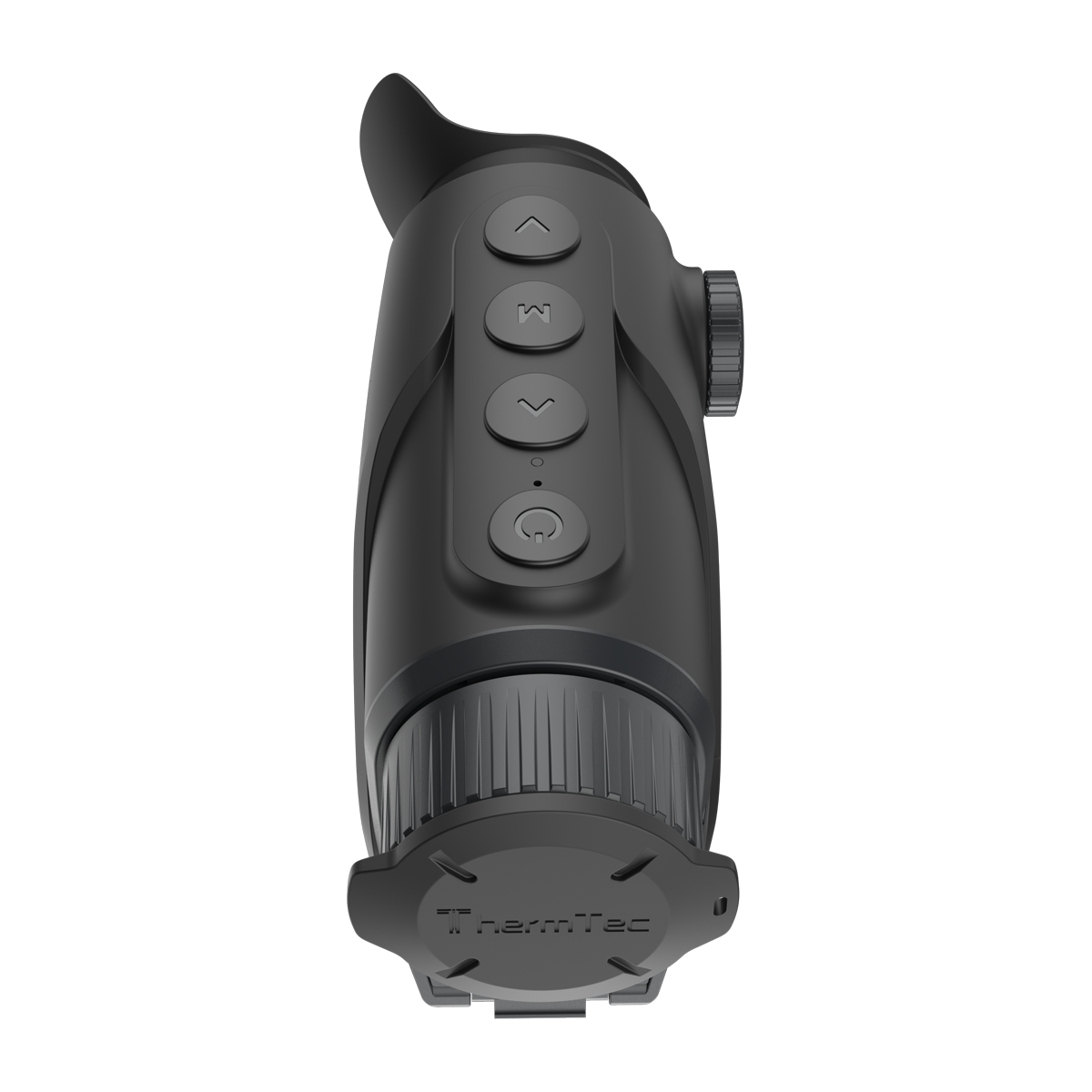 ThermTec Cyclone 315 thermal monocular, top view of control buttons with lens cap fitted