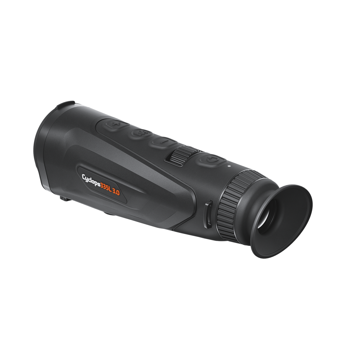 ThermTec Cyclops 335L 3.0 thermal monocular, rear three-quarter view of eyecup and model label