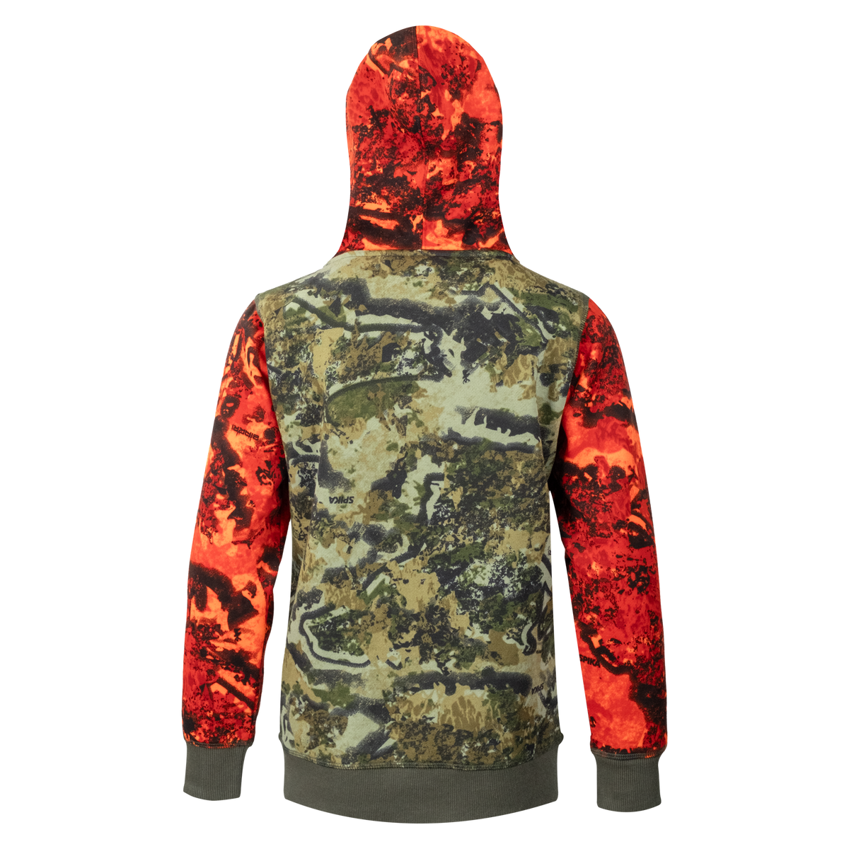 Spika GO Classic V2 kids' hoodie in Biarri Blaze, back view with blaze orange hood and sleeves
